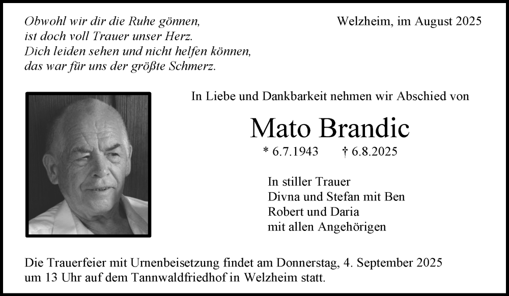  Traueranzeige für Mato Brandic vom 09.08.2025 aus Waiblinger Kreiszeitung