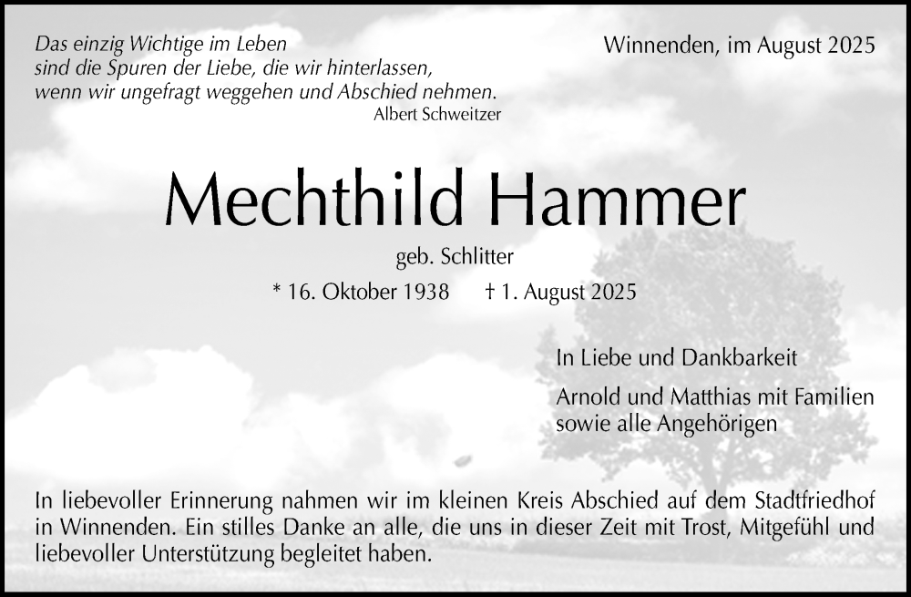  Traueranzeige für Mechthild Hammer vom 09.08.2025 aus Waiblinger Kreiszeitung