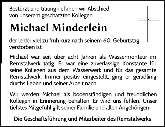 Traueranzeige von Michael Minderlein von Waiblinger Kreiszeitung