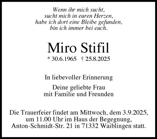 Traueranzeige von Miro Stifil von Waiblinger Kreiszeitung