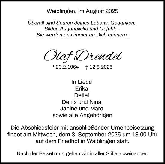 Traueranzeige von Olaf Drendel von Waiblinger Kreiszeitung