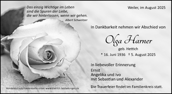 Traueranzeige von Olga Harner von Waiblinger Kreiszeitung