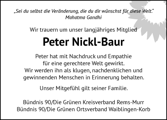 Traueranzeige von Peter Nickl-Baur von Waiblinger Kreiszeitung