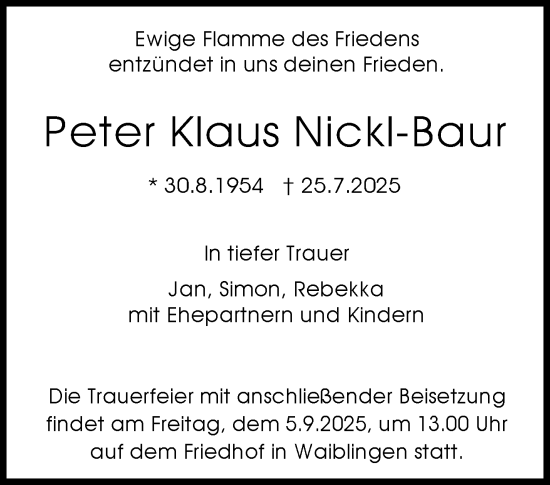 Traueranzeige von Peter Klaus Nickl-Baur von Waiblinger Kreiszeitung