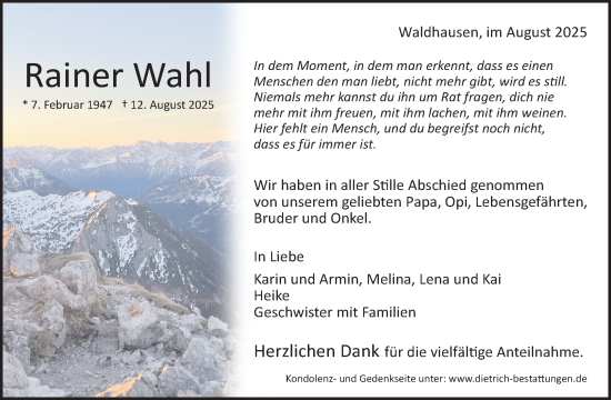 Traueranzeige von Rainer Wahl von Waiblinger Kreiszeitung