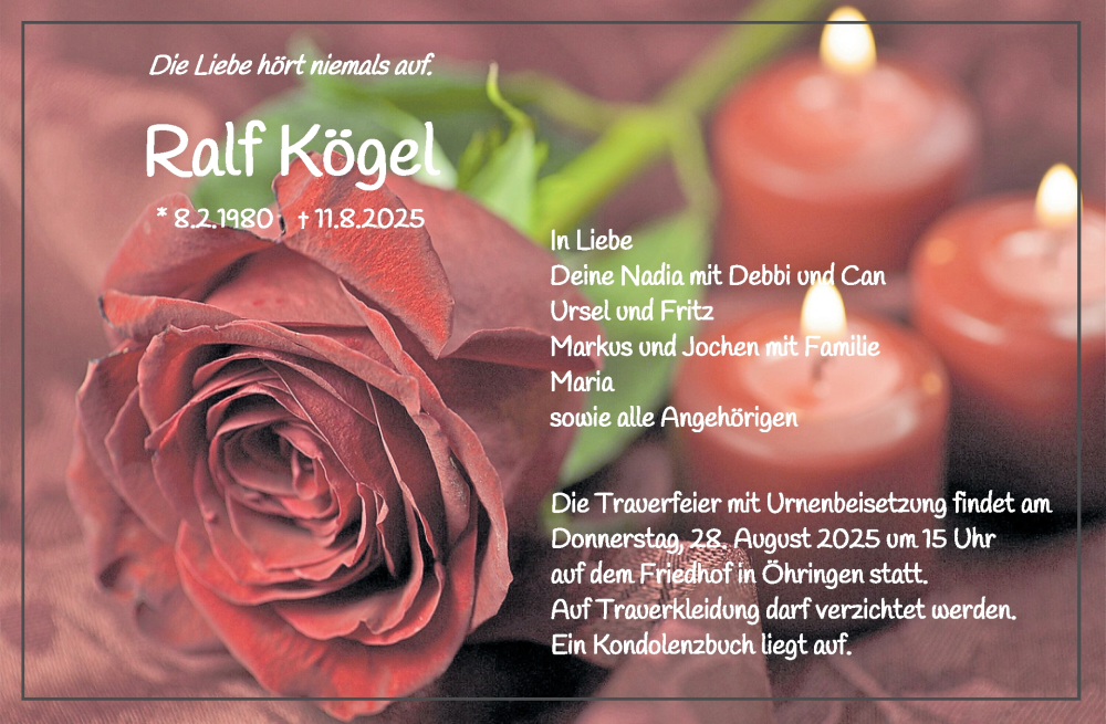  Traueranzeige für Ralf Kögel vom 26.08.2025 aus Waiblinger Kreiszeitung