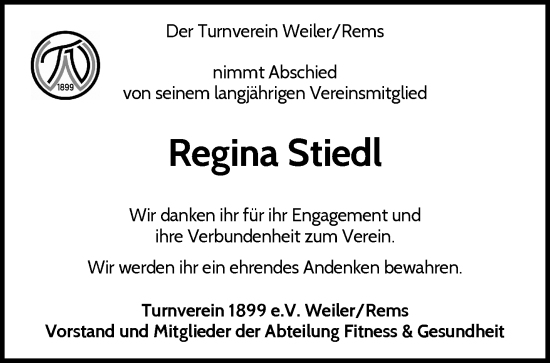 Traueranzeige von Regina Stiedl von Waiblinger Kreiszeitung