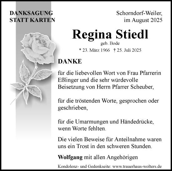Traueranzeige von Regina Stiedl von Waiblinger Kreiszeitung