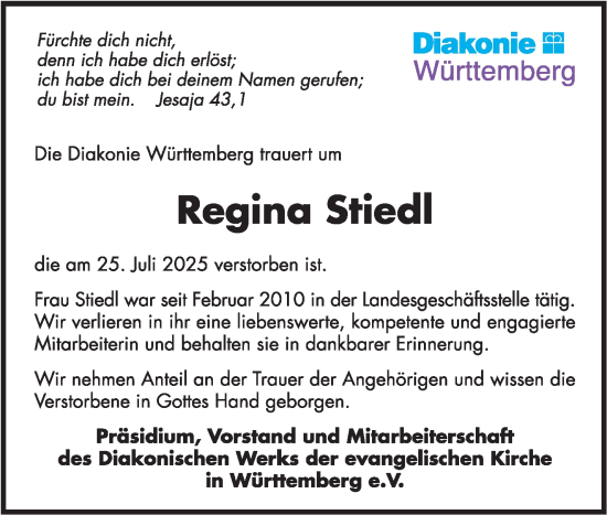 Traueranzeige von Regina Stiedl von Waiblinger Kreiszeitung