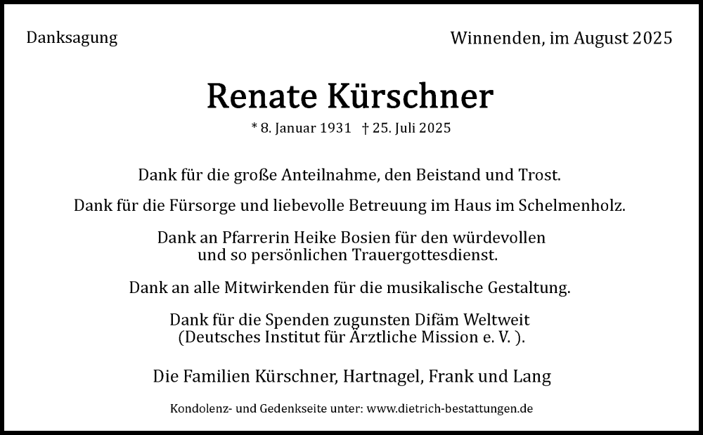  Traueranzeige für Renate Kürschner vom 23.08.2025 aus Waiblinger Kreiszeitung