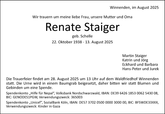 Traueranzeige von Renate Staiger von Waiblinger Kreiszeitung