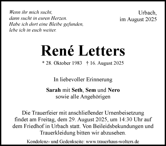Traueranzeige von Rene Letters von Waiblinger Kreiszeitung