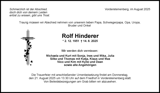 Traueranzeige von Rolf Hinderer von Waiblinger Kreiszeitung