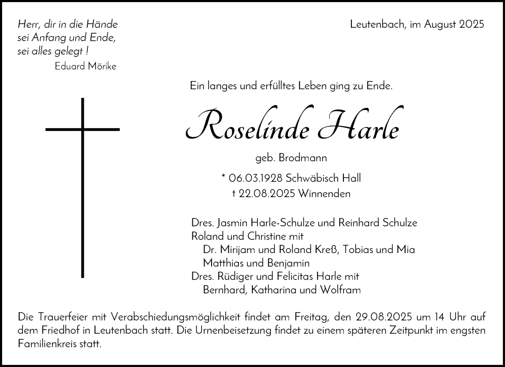  Traueranzeige für Roselinde Harle vom 27.08.2025 aus Waiblinger Kreiszeitung