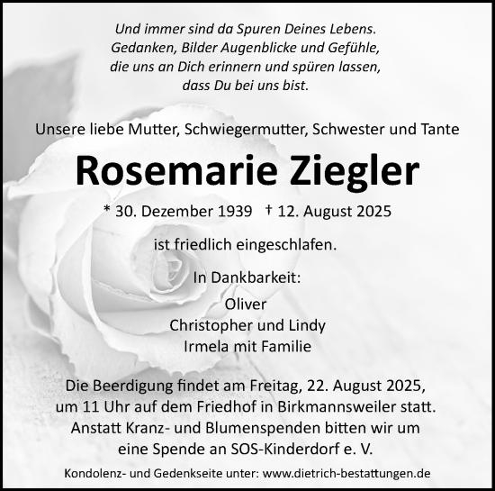 Traueranzeige von Rosemarie Ziegler von Waiblinger Kreiszeitung