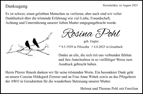 Traueranzeige von Rosina Pohl von Waiblinger Kreiszeitung