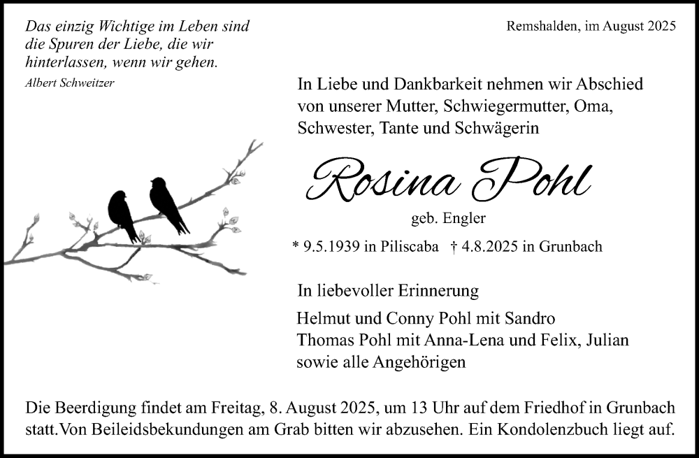  Traueranzeige für Rosina Pohl vom 06.08.2025 aus Waiblinger Kreiszeitung