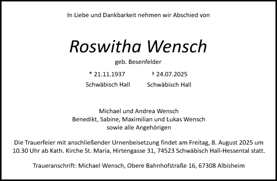Traueranzeige von Roswitha Wensch von Waiblinger Kreiszeitung
