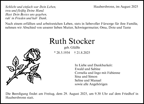 Traueranzeige von Ruth Stocker von Waiblinger Kreiszeitung