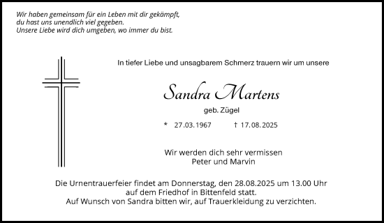 Traueranzeige von Sandra Martens von Waiblinger Kreiszeitung