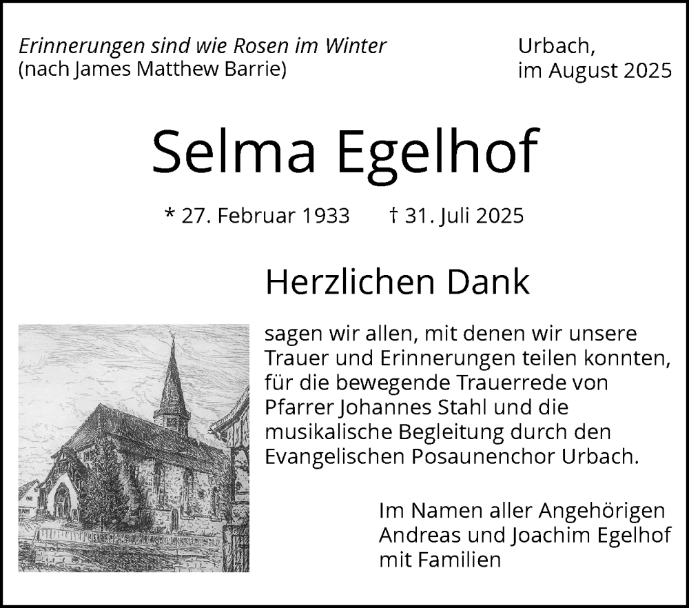  Traueranzeige für Selma Egelhof vom 30.08.2025 aus Waiblinger Kreiszeitung