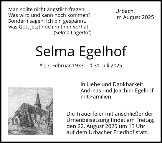 Traueranzeige von Selma Egelhof von Waiblinger Kreiszeitung