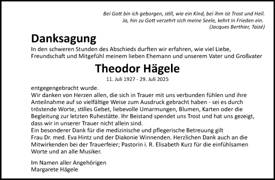 Traueranzeige von Theodor Hägele von Waiblinger Kreiszeitung