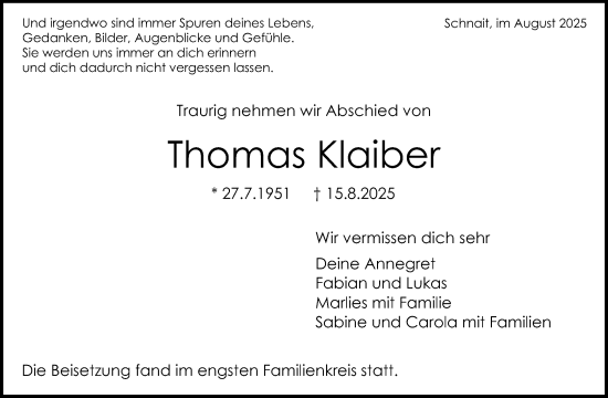 Traueranzeige von Thomas Klaiber von Waiblinger Kreiszeitung