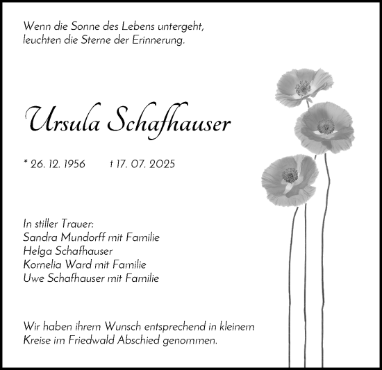 Traueranzeige von Ursula Schafhauser von Waiblinger Kreiszeitung