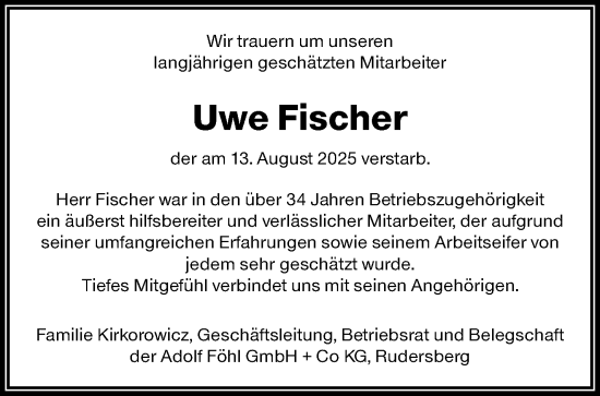 Traueranzeige von Uwe Fischer von Waiblinger Kreiszeitung