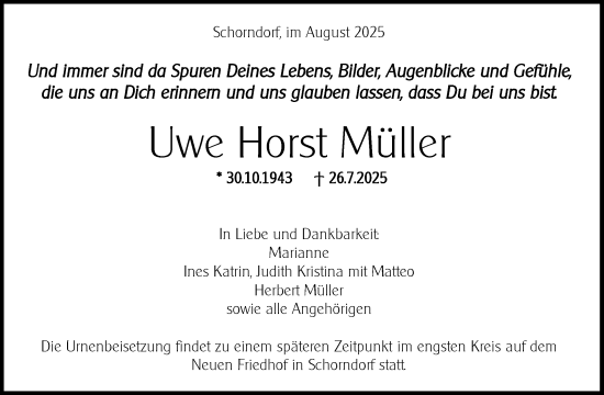 Traueranzeige von Uwe Horst Müller von Waiblinger Kreiszeitung