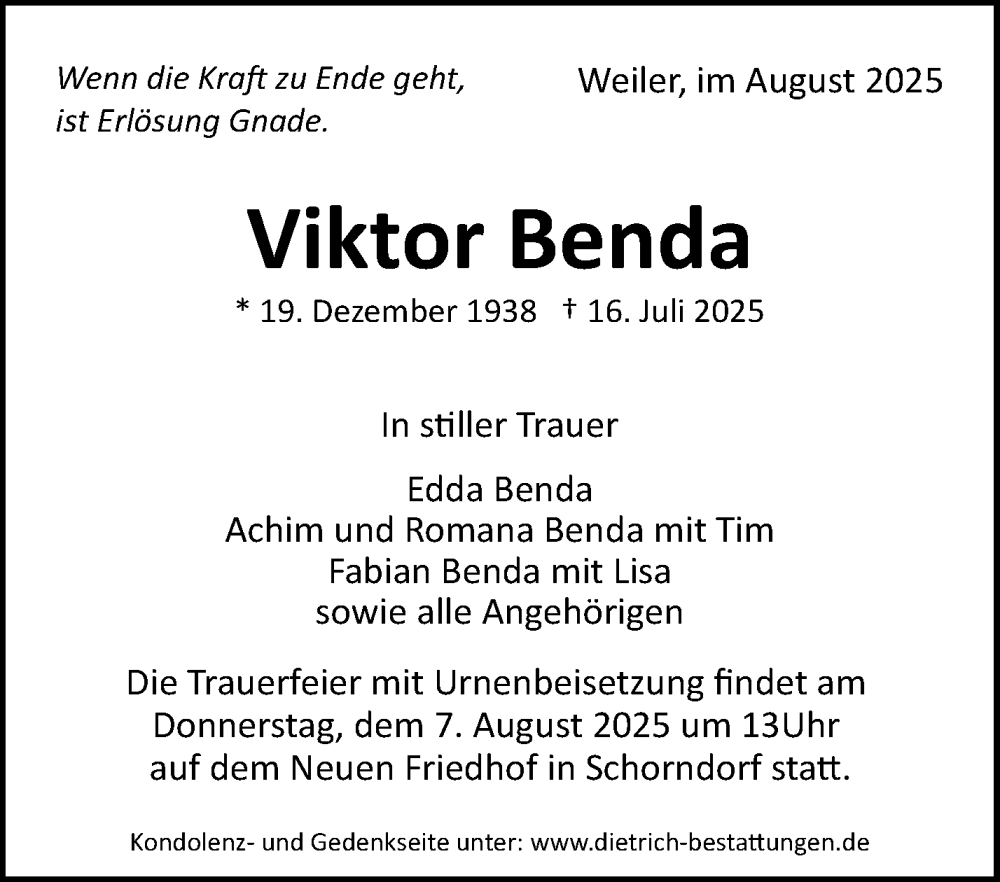  Traueranzeige für Viktor Benda vom 01.08.2025 aus Waiblinger Kreiszeitung