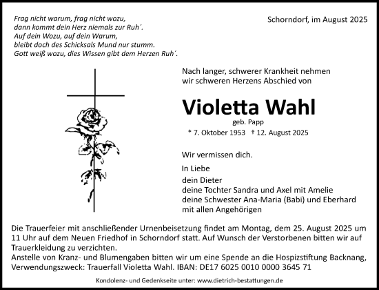 Traueranzeige von Violetta Wahl von Waiblinger Kreiszeitung