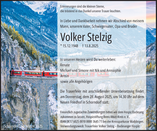 Traueranzeige von Volker Stelzig von Waiblinger Kreiszeitung