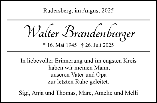 Traueranzeige von Walter Brandenburger von Waiblinger Kreiszeitung