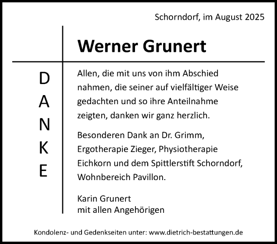 Traueranzeige von Werner Grunert von Waiblinger Kreiszeitung