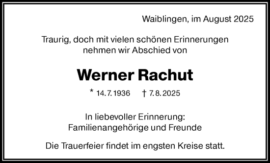 Traueranzeige von Werner Rachut von Waiblinger Kreiszeitung