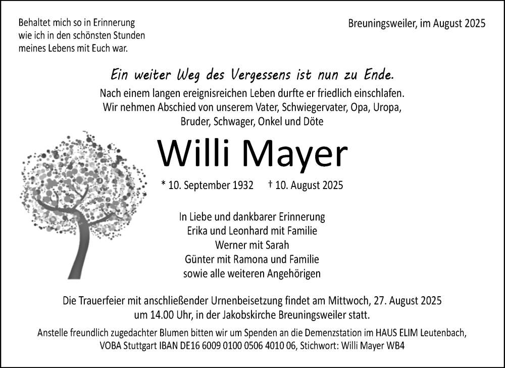  Traueranzeige für Willi Mayer vom 21.08.2025 aus Waiblinger Kreiszeitung
