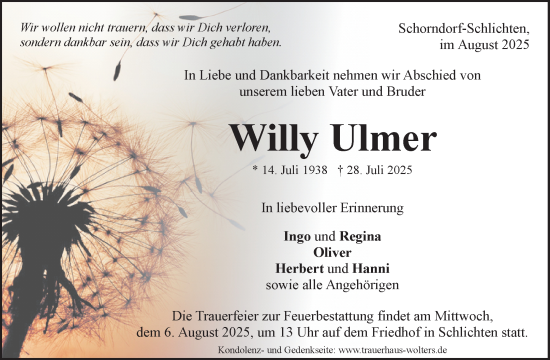 Traueranzeige von Willy Ulmer von Waiblinger Kreiszeitung