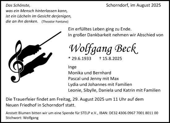 Traueranzeige von Wolfgang Beck von Waiblinger Kreiszeitung