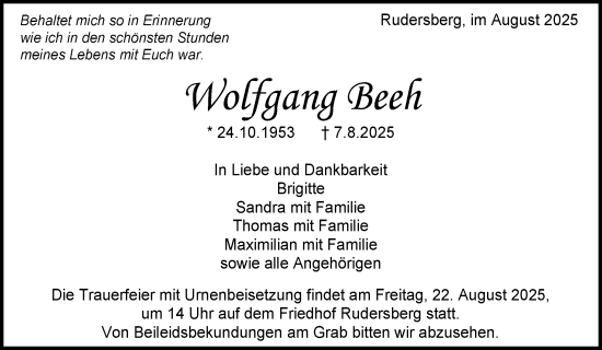 Traueranzeige von Wolfgang Beeh von Waiblinger Kreiszeitung