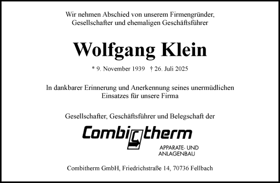 Traueranzeige von Wolfgang Klein von Waiblinger Kreiszeitung