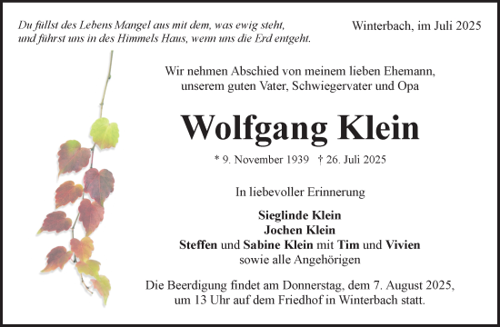 Traueranzeige von Wolfgang Klein von Waiblinger Kreiszeitung