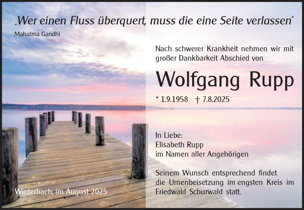  Traueranzeige für Wolfgang Rupp vom 13.08.2025 aus Waiblinger Kreiszeitung