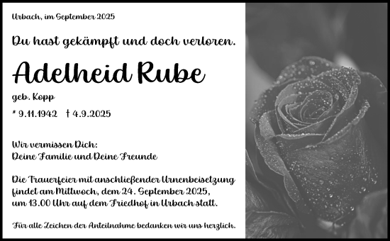 Traueranzeige von Adelheid Rube von Waiblinger Kreiszeitung