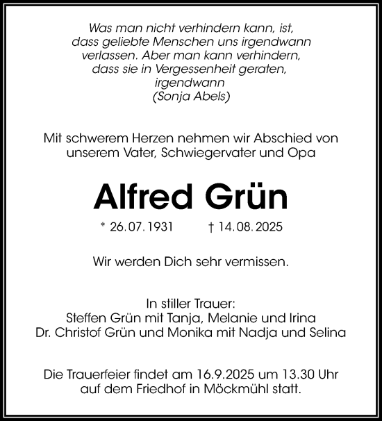 Traueranzeige von Alfred Grün von Waiblinger Kreiszeitung