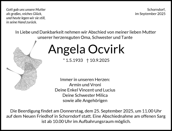 Traueranzeige von Angela Ocvirk von Waiblinger Kreiszeitung