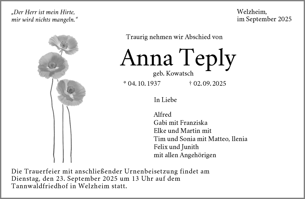  Traueranzeige für Anna Teply vom 18.09.2025 aus Waiblinger Kreiszeitung