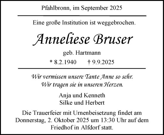 Traueranzeige von Anneliese Bruser von Waiblinger Kreiszeitung