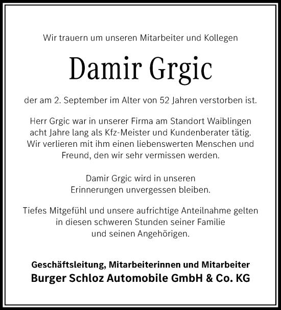 Traueranzeige von Damir Grgic von Waiblinger Kreiszeitung